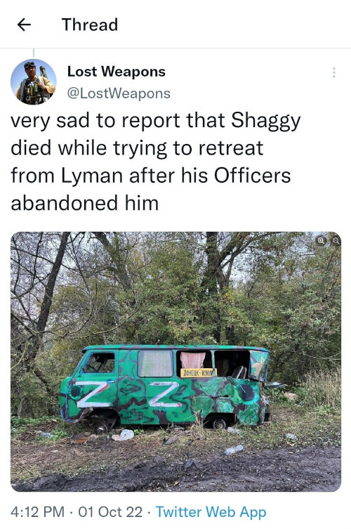 Russian vehicle that looks like the Scooby-Doo van, captioned 'very sad to report that Shaggy died while trying to retreat from Lyman after his officers abandoned him'