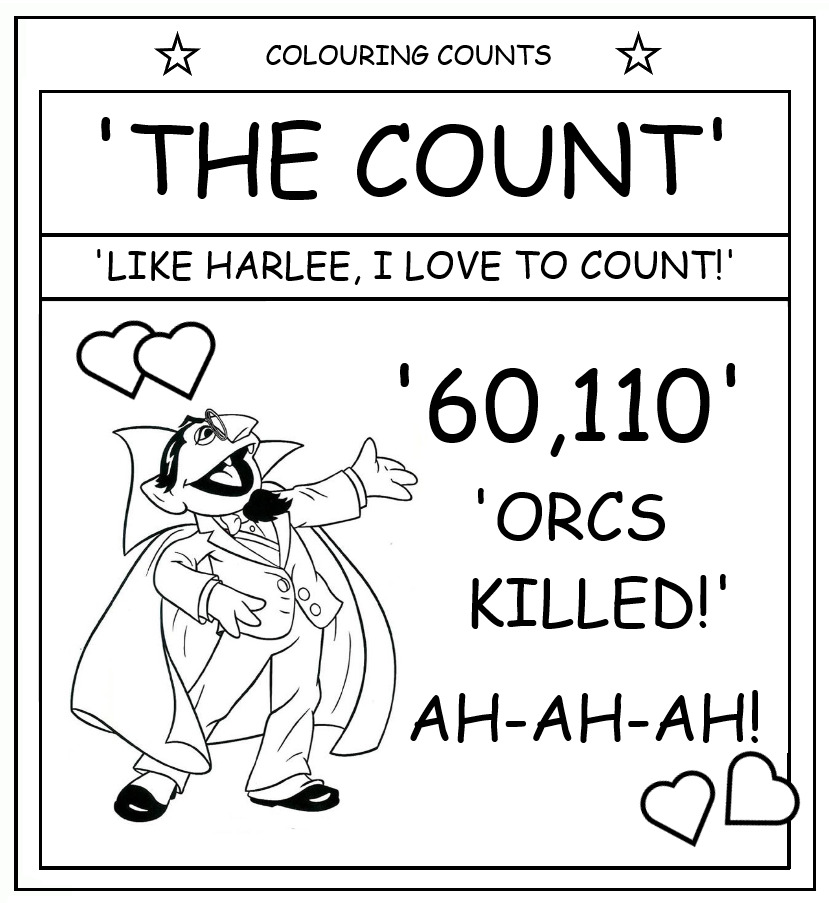 coloring book page about the Count counting over 60,000 orcs killed