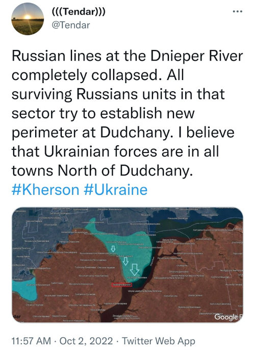 Russian lines at the Dnieper River completely collapsed. All surviving Russian units in that sector try to establish new perimeter at Dudchany.