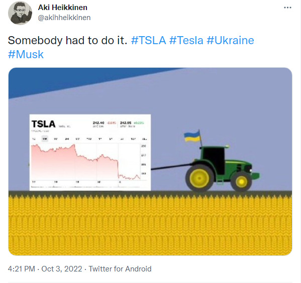 Ukrainian tractor towing a graph of Tesla's recent (declining) stock price