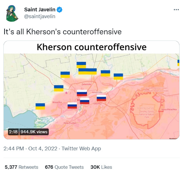 tweet from Saint Javelin showing map of Kherson and forces, saying 'It's all Kherson's counteroffensive'