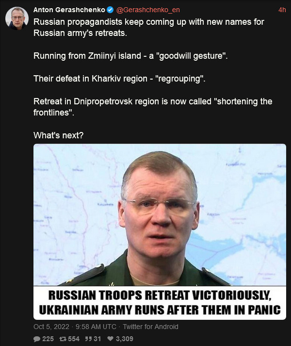 Russian propagandists keep coming up with new names for Russian army's retreats