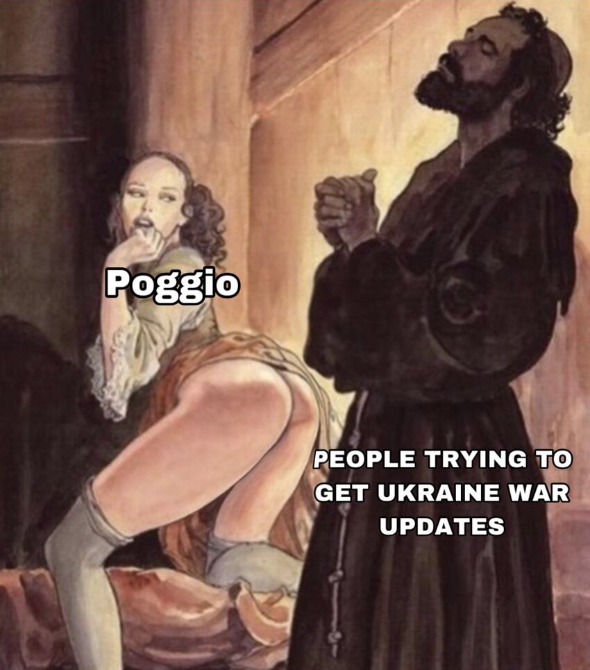 Sultry lady Poggio attempts to seduce people who are trying to get Ukraine war updates