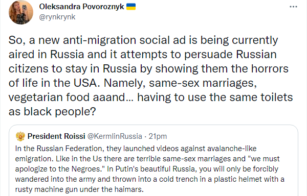 An ad attempts to persuade Russian citizens to stay in Russia by showing them the horrors of life in the USA. Namely, same-sex marriages, vegetarian food, and having to use the same toilets as black people?