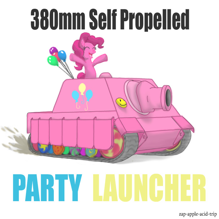 pony in pink tank, captioned '380mm self propelled party launcher'