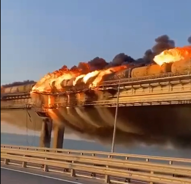 many tank cars on fire on the Kerch bridge