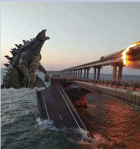 the Kerch bridge being attacked by Godzilla