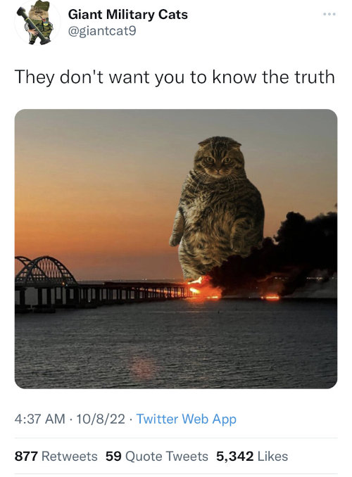 Giant Military Cats says, 'They don't want you to know the truth.' and a giant cat shopped into a picture of the Kerch bridge on fire