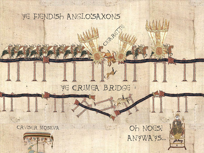 image in the style of the Bayeaux Tapestry, showing ye fiendish Anglo-Saxons destroying ye Crimea bridge