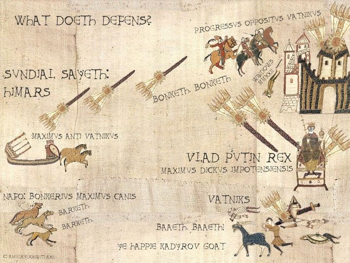 image in style of Bayeux Tapestry with What doeth defens? Progressvs oppositvs vatniks. Svndial sayeth HIMARS. Bonketh bonketh.