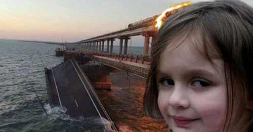 Kerch bridge on fire, with Internet meme Disaster Girl shopped on top