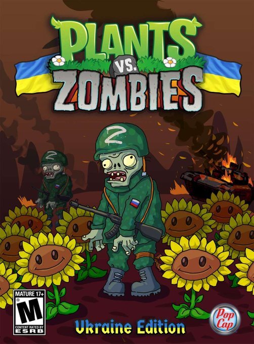 Plants vs. Zombies, with Ukraine as plants and Russians with Z helmets as zombies