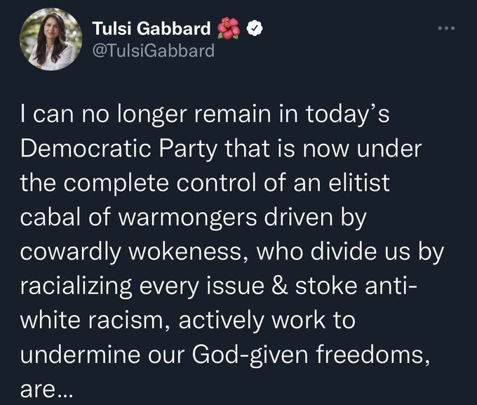 Tulsi Gabbard claims the Democrats are under the control of an elite cabal of warmongers driven by cowardly wokeness who divide us by racializing every issue. Sure, Jan.