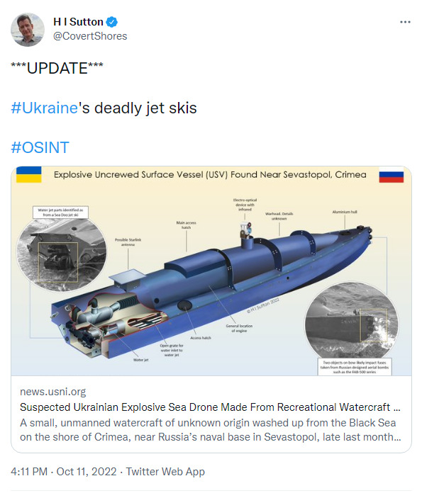 schematic and cutaway of an unmanned surface vessel, a suspected Ukrainian sea drone, made with Sea-Doo jetski parts, impact sensors, and a warhead