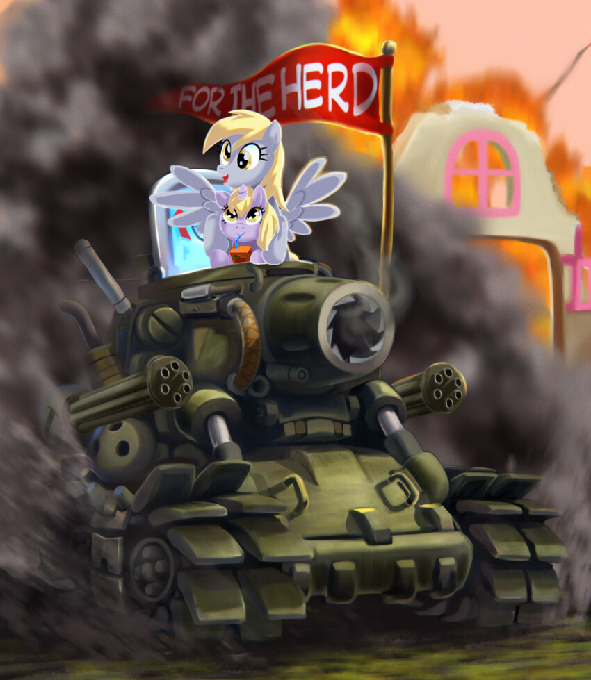 ponies in a tank that looks like the Metal Slug, with a flag saying 'For the Herd'