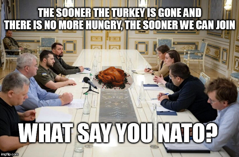 Zelenskyy, Marin, other leaders around a table say, 'The sooner the turkey is gone and there is no more hungry, the sooner we can join. What say you, NATO?'