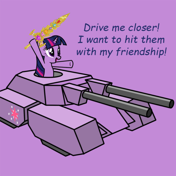 pony in tank says, 'Drive me closer! I want to hit them with my friendship!'