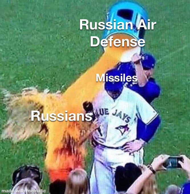 Russian air defense (coach) tries to pour Gatorade over Missiles (baseball player) and hits Russians (reporter) instead