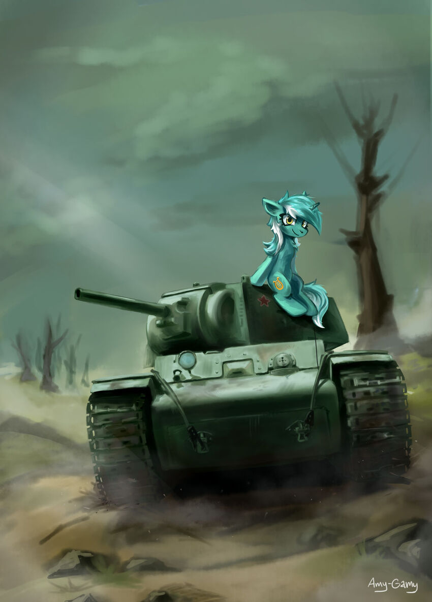 pony sits on top of a tank