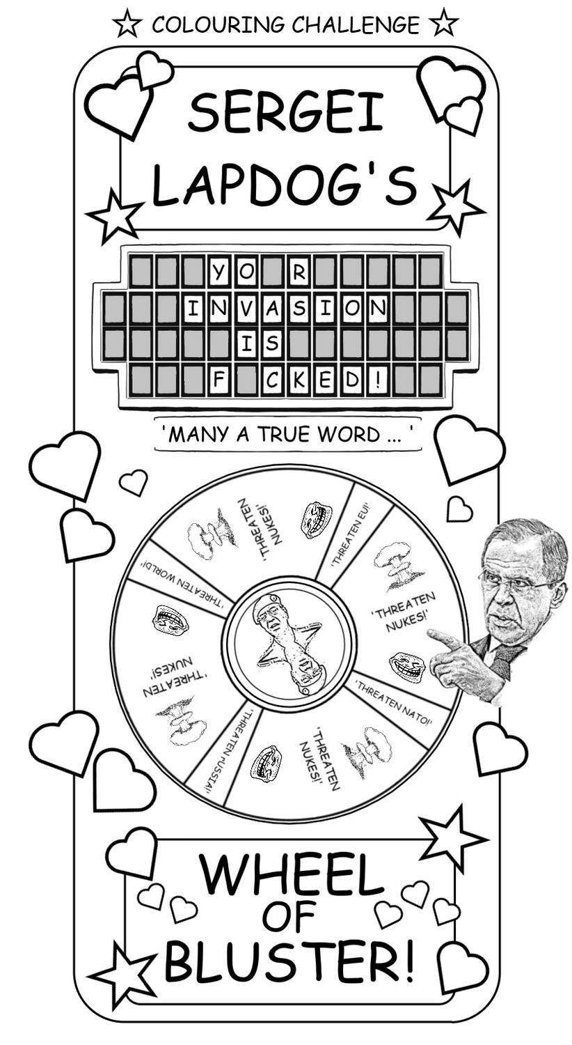 coloring book page about Sergei Lapdog's Wheel of Bluster