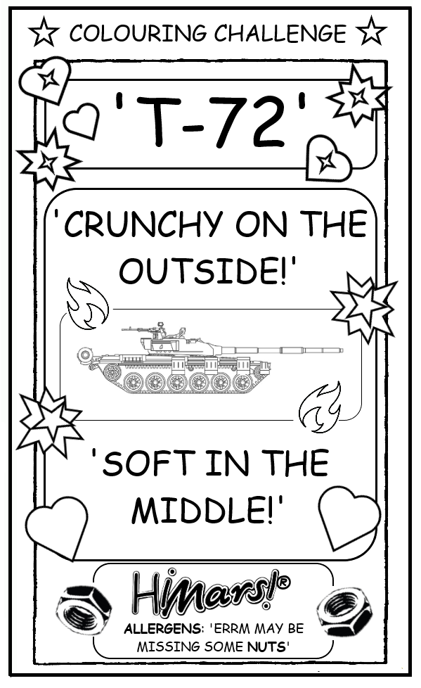 coloring book page about the T-72 being crunchy on the outside and soft in the middle