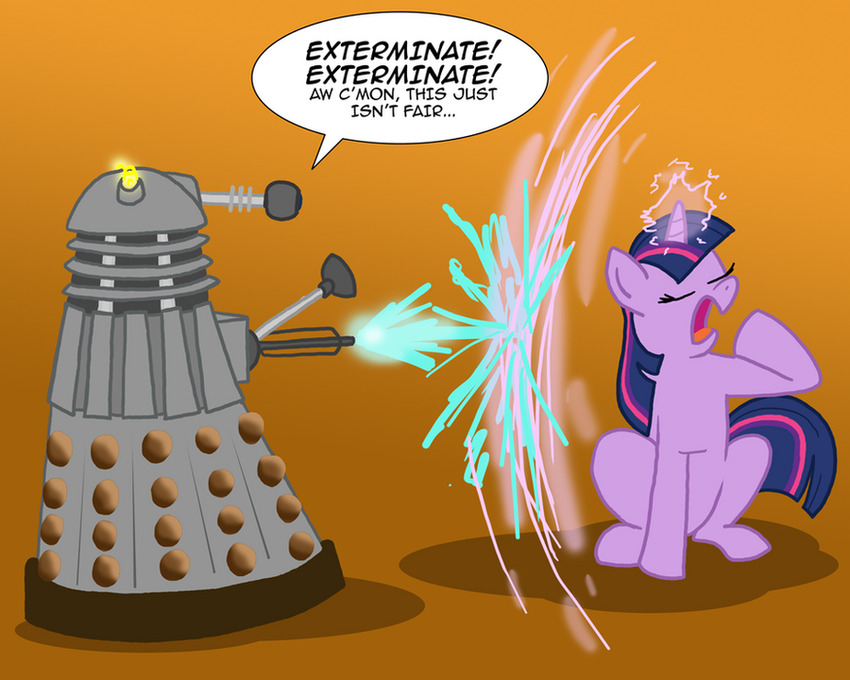 Dalek attacks Twilight, totally ineffectively, saying, 'Exterminate! Exterminate! Aw, c'mon, this just isn't fair...'