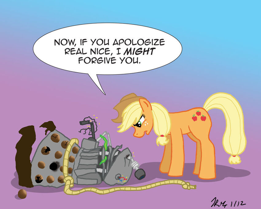 Dalek, thoroughly trashed, with pony saying, 'Now if you apologize real nice, I MIGHT forgive you.'