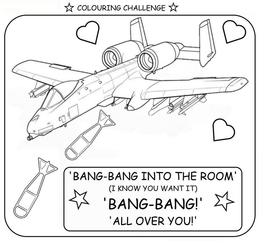 coloring book page about an A-10 going BANG-BANG