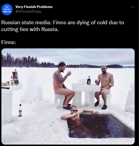 Russia: Finns are dying of cold due to cutting ties with Russia. Finns: Partying naked on or in a frozen lake.