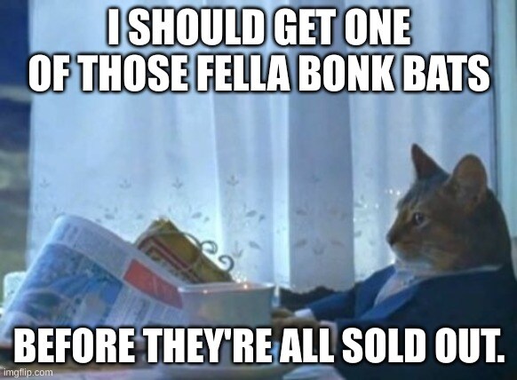 I should Buy A Boat Cat thinks he should buy a a Fella Bonk Bat before they're all sold out