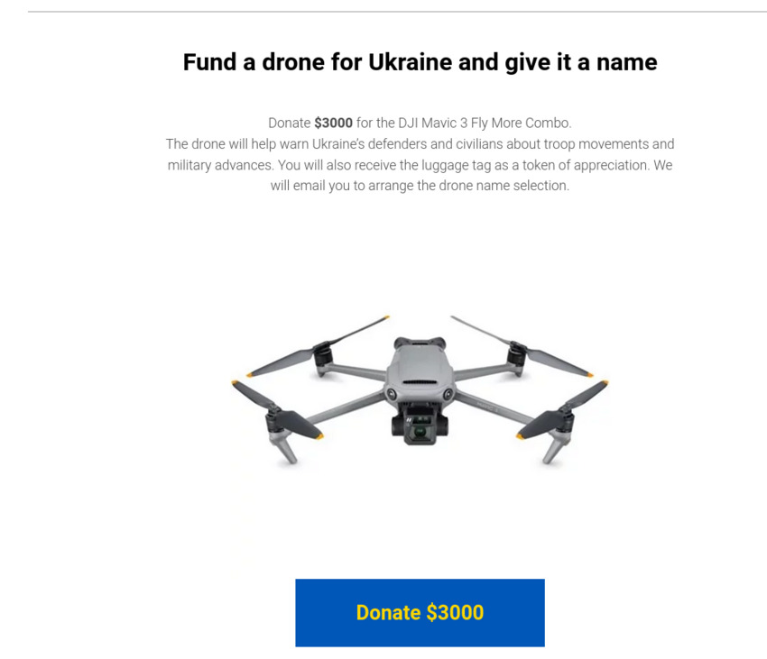 fund a drone for Ukraine and give it a name, for $3000 get the DJI Mavic 3