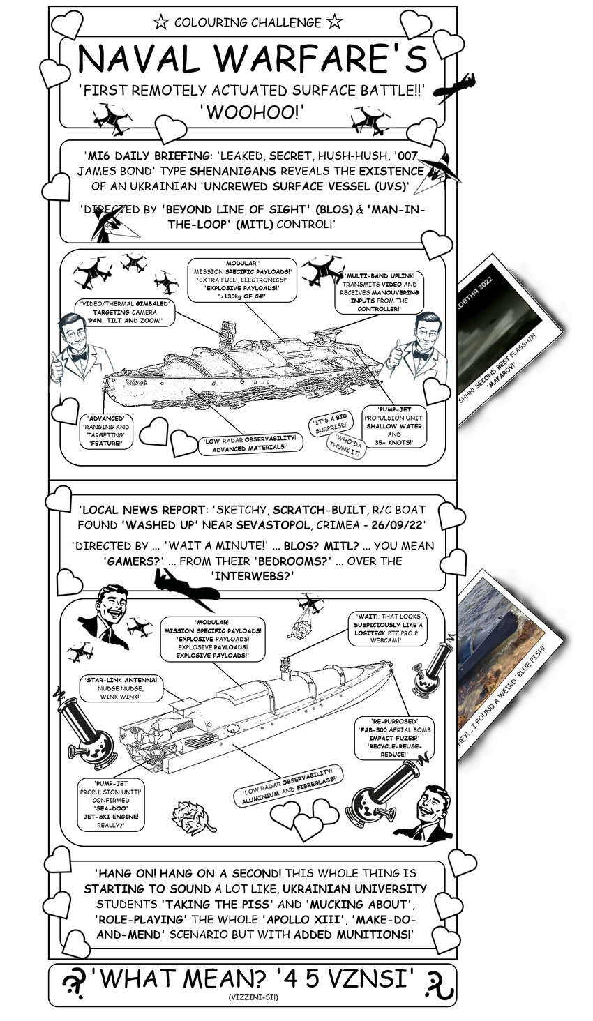 coloring book page about naval drones destroying Russian things