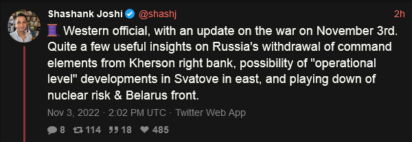 Update on the war from November 3rd. Quite a few useful insights on Russia's withdrawal of command elements from Kherson right bank, possibility of 'operational level' developments in Svatove