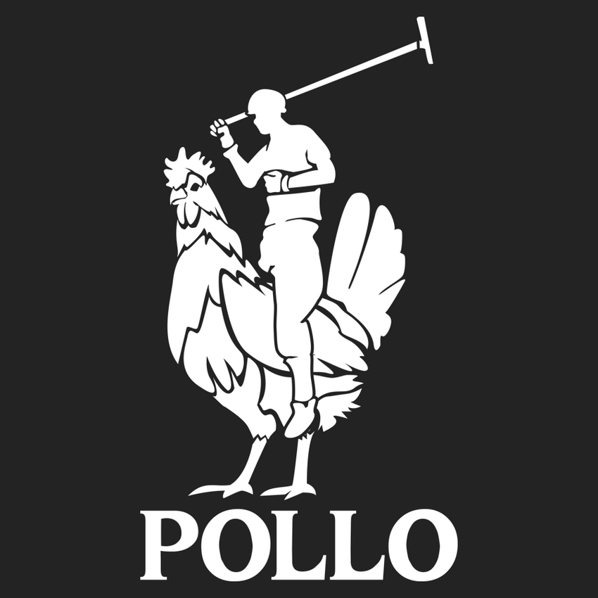 Person riding a giant chicken with a mallet, caption 'Pollo'