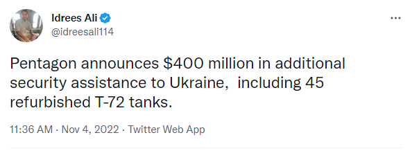 Pentagon announces additional security assistance to Ukraine, including 45 regurbished T-72 tanks