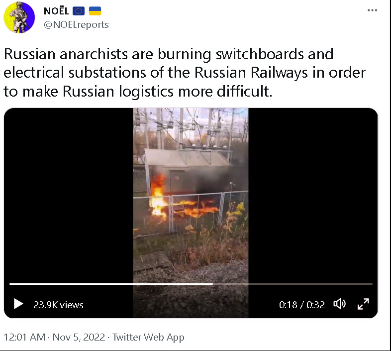 Russian anarchists are burning switchboards and electrical substations of the Russian railways in order to make Russian logistics more difficult