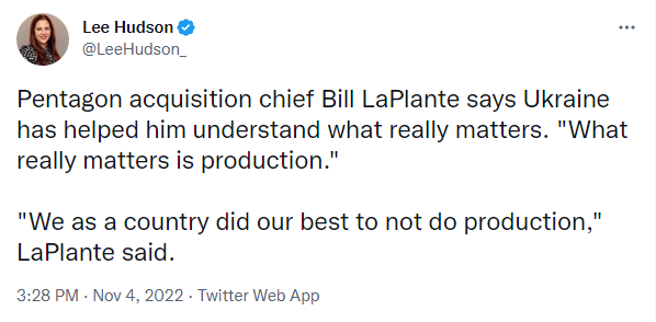 Pentagon acquisition chief Bill LaPlante says Ukraine has helped him understand what really matters: Production. 'We as a country did our best not to do production,' LaPlante said.