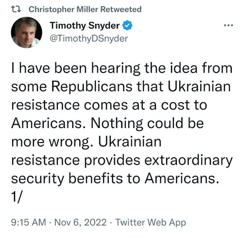 I ahave been hearing the idea from some Republicans that Ukrainian resistance comes at a cost to Americans. Nothing could be more wrong. Ukrainian resistance provides extraordinary security benefits to Americans.