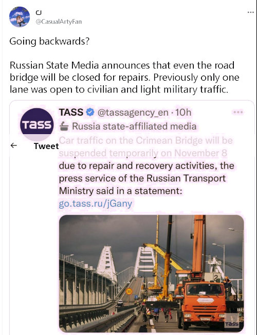 Car traffic on the Crimean bridge will be suspended temporarily on November 8 due to repair and recovery activities. Russian state media announced that even the road bridge will be closed for repairs. Previouslt only one lane was open to civilian and light military traffic.