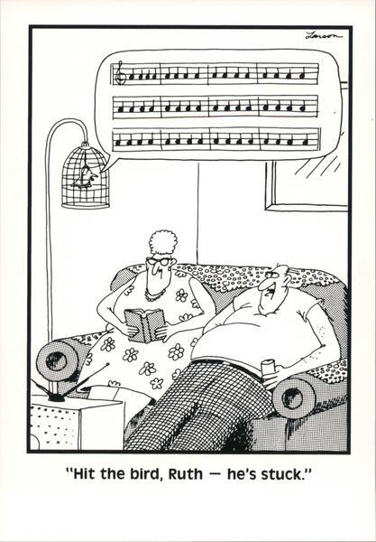 Far Side cartoon where a bird is singing one note, man says to wife, 'Hit the bird, Ethel, he's stuck.'