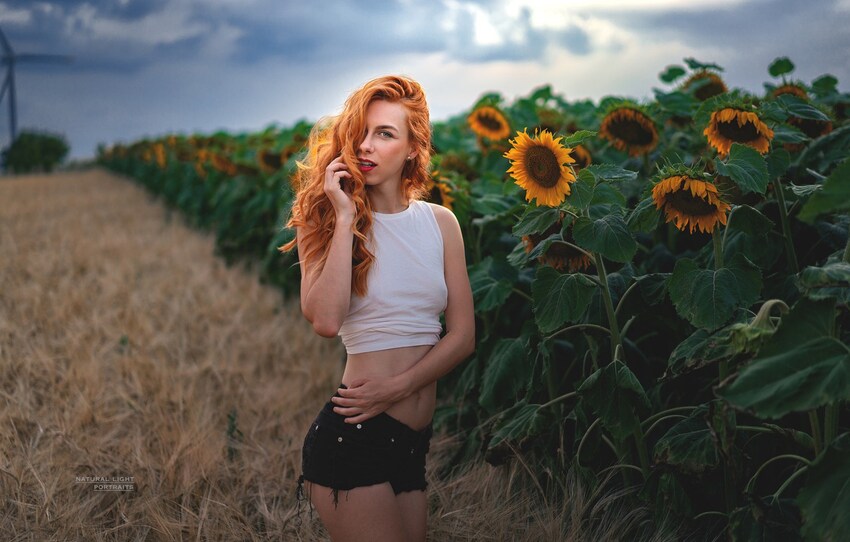 cute redhead in white top and shorts in field of sunflowers