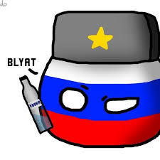 Russia, with fur hat and vodka bottle, says, 'Blyat!'
