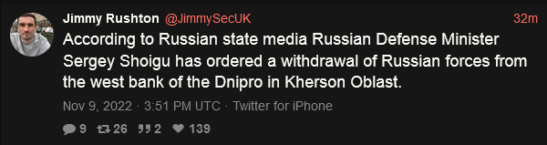 according to Russian state media Russian defense minister Sergey Shoigu has ordered a withdrawal of Russian forces from the west bank of the Dnipro in Kherson Oblast