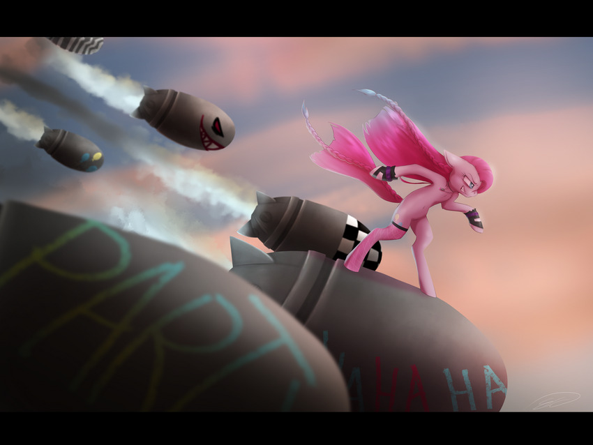 bombs fall from the sky, 'party' and 'ha ha' are written on them, a pink pony is standing on one