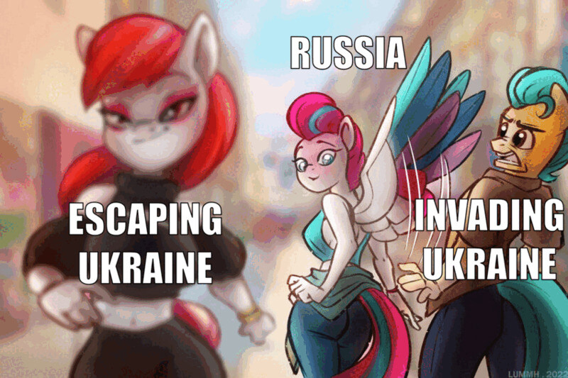 distracted pony girl Russia looks at Escaping Ukraine instead of Invading Ukraine