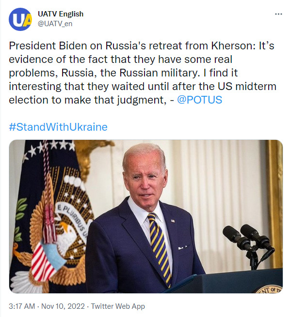 Biden saying that Russia's retreat from Kherson shows that they have real problems.