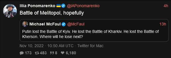 Putin lost the battle of Kyiv. He lost the battle of Kharkiv. Where will he lose next? Battle of Melitopol, hopefully.