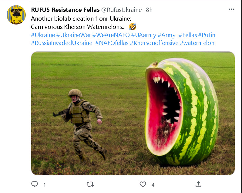 shooped picture of soldier running from giant watermelon with teeth, 'Another biolab creation from Ukraine: Carnivorous Kherson watermelons'
