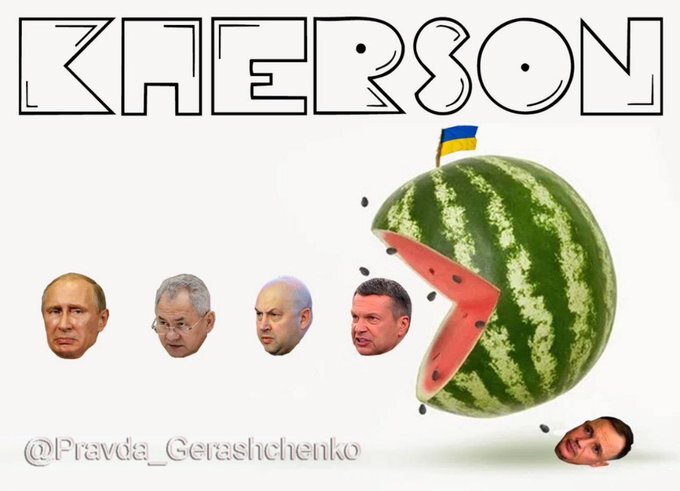 watermelon in the shape of Pac-Man with Russian officials lined up like dots