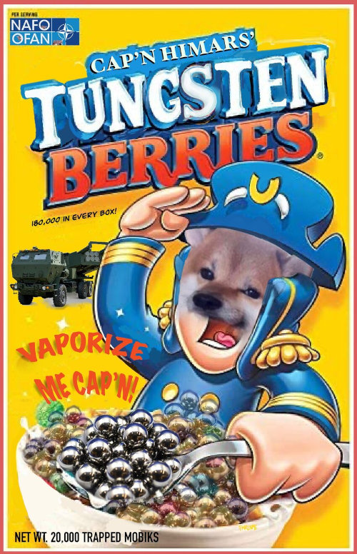 Captain Crunch box, except it's 'Cap'n HIMARS' Tungsten Berries', the Captain is a fella, the ship is HIMARS, and the cereal is tungsten shot.